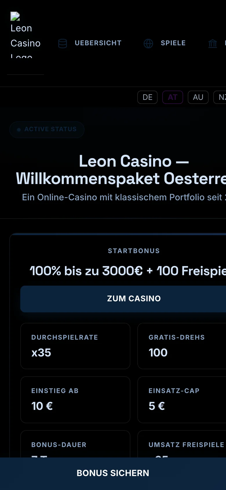 Leon Casino mobile lobby screenshot