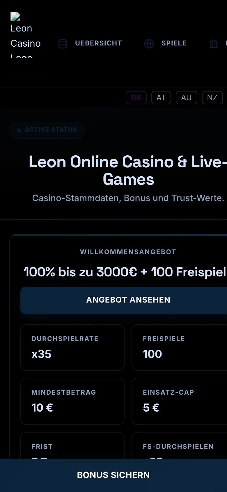 Leon Casino mobile lobby screenshot