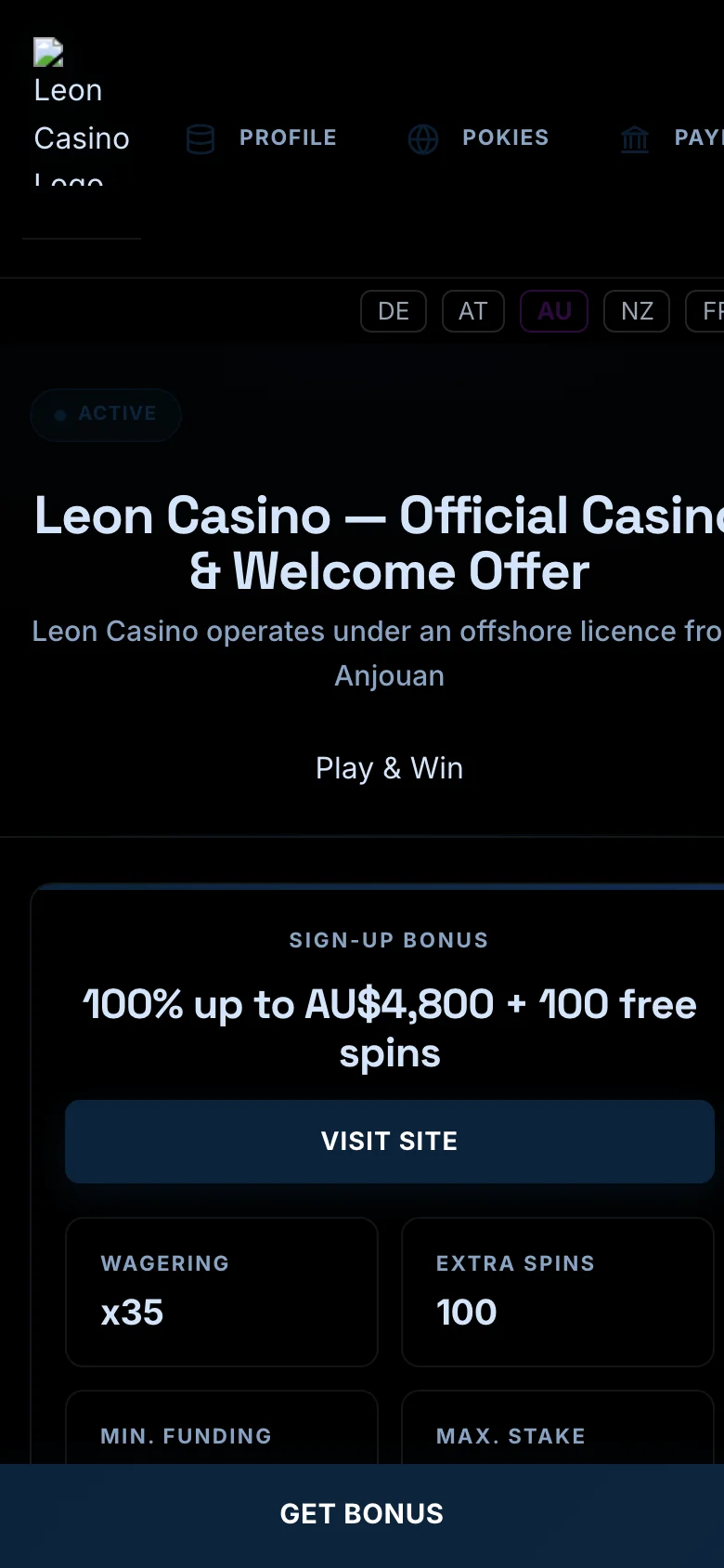 Leon Casino mobile lobby screenshot