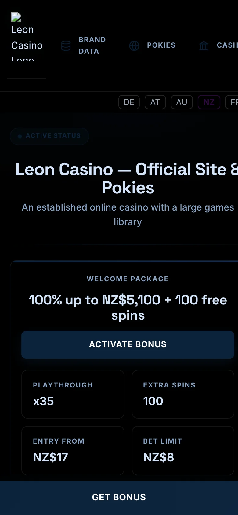 Leon Casino mobile lobby screenshot